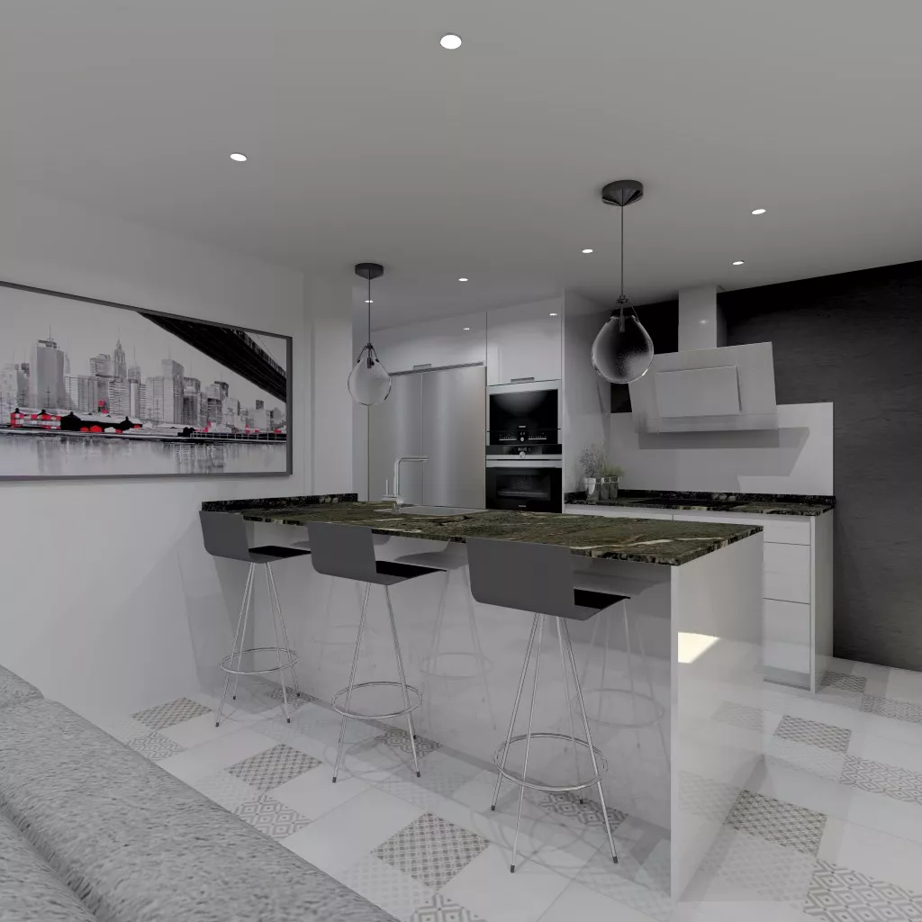 Aravaca | Cocina Santos | Modelo Minos Line Laminado Blanco Brillo | Encimera Granito Titanium