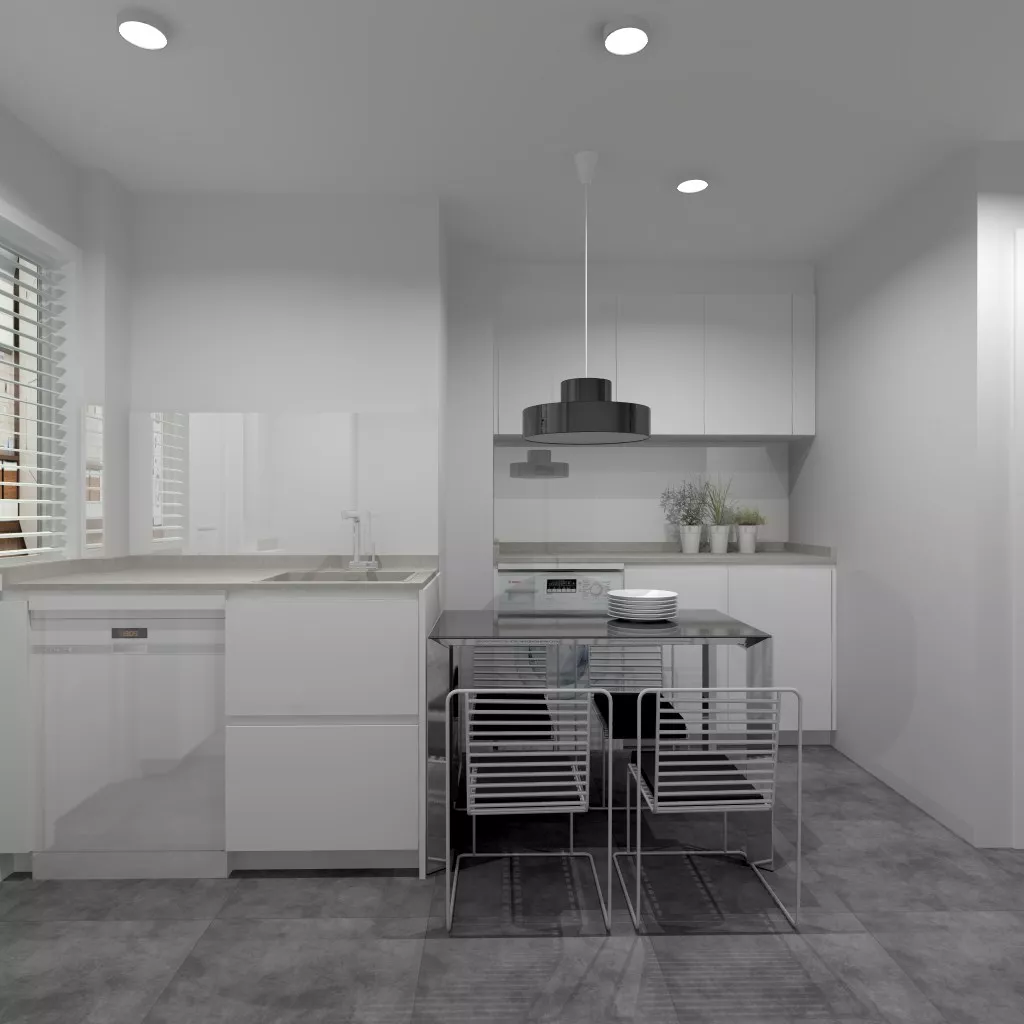 Aravaca | Cocina Santos | Modelo Line Estratificado Blanco Seff | Encimera Techlam Hydra Plomo