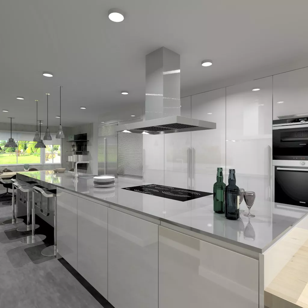 Aravaca | Cocina Santos | Modelo Line Lamanado Blanco Polar Brillo | Encimera Silestone Grey Amazon