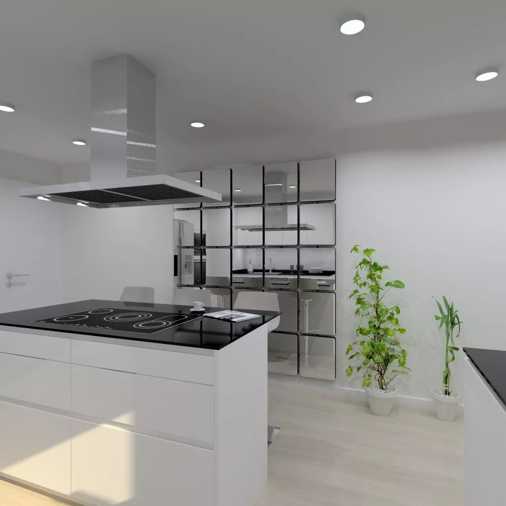 Cocina Santos | Modelo Line Laminado Seda Blanco | Encimera Granito Negro