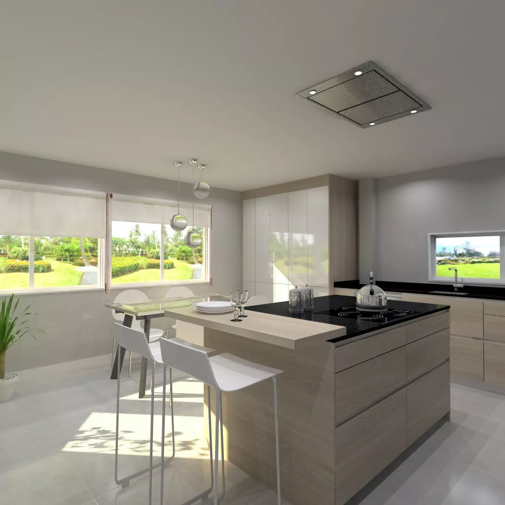 Cocina Santos | Modelo Line E13 Estratificado Brillo Laminado | Puertas Blanco Nata Brillo y Olmo Claro Horizontal para Muebles Bajos | Encimera Granito Sahara Night