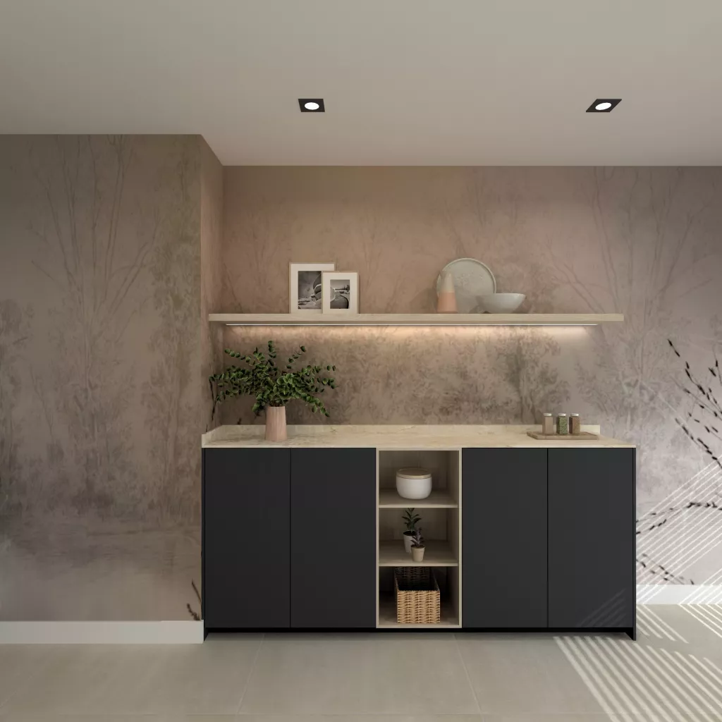 Cocina contemporánea con isla central y acabados oscuros