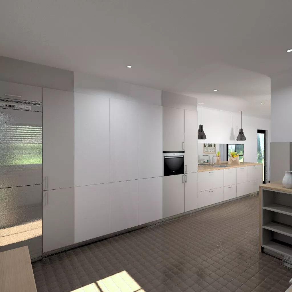 Aravaca | Cocina Santos | Modelo Seda Laminado Gris Arena | Encimera Haya Natural