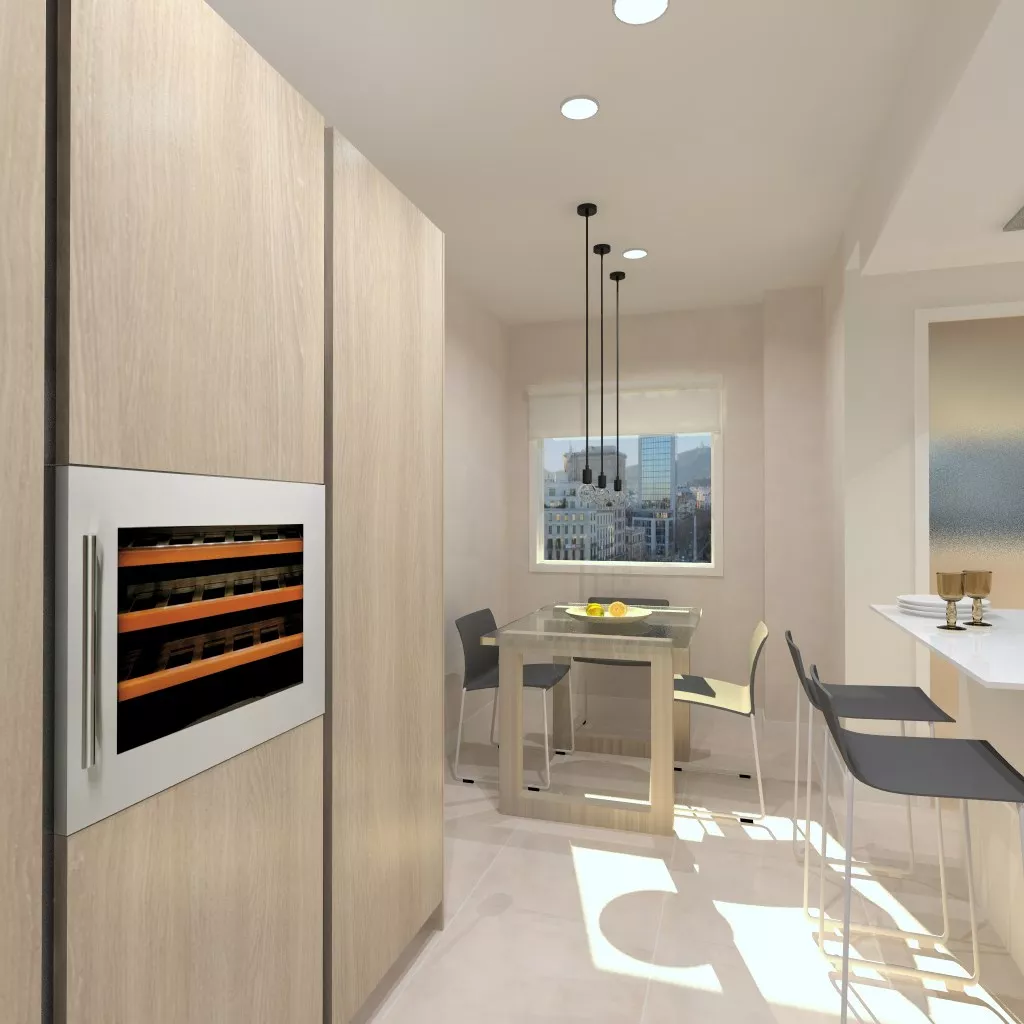 Cocina Santos | Modelo Line E 13 Estratificado y Laminado Blanco Innsbruck Olmo Claro y Gris | Encimera Neolith Color Artci White