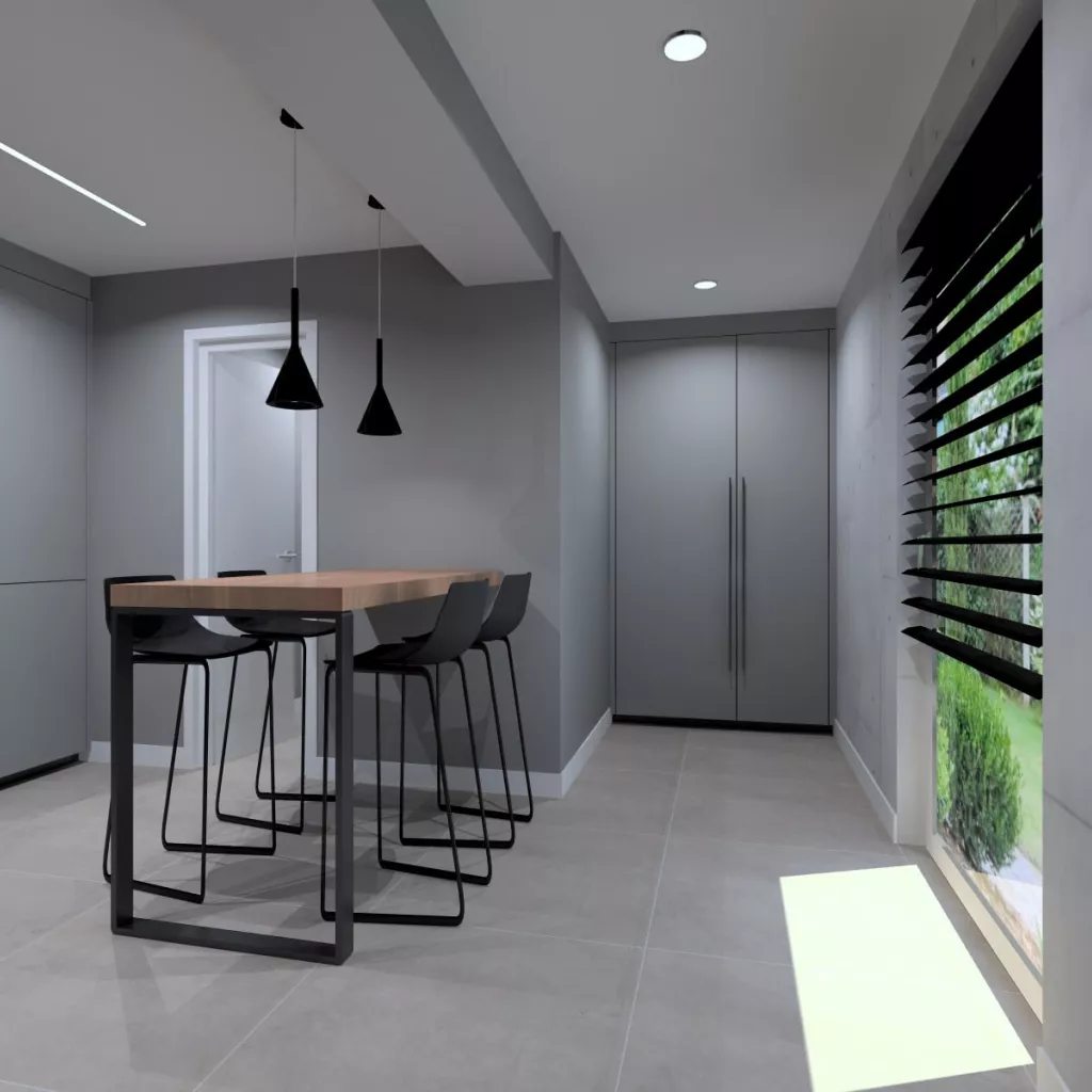 barra en madera con iluminación de Foscarino y taburetes de La Palma