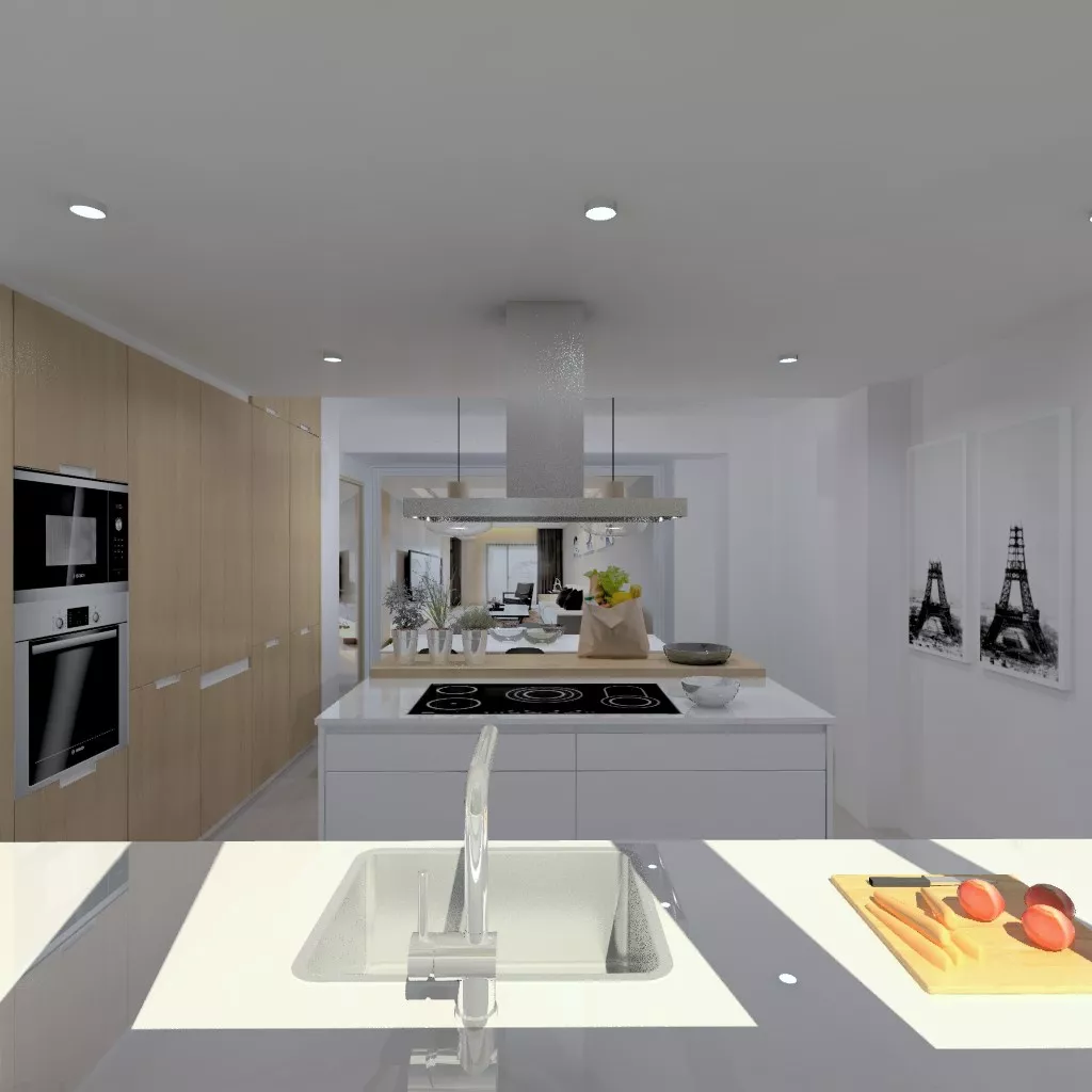 Aravaca | Cocina Santos | Modelo Minos Estratificado Olmo Claro y Blanco | Encimera Compac Blanco 