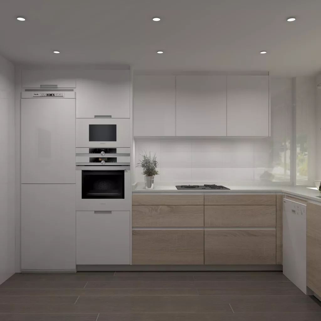 Aravaca | Cocina Santos | Modelo Line Estratificado Roble y Blanco | Encimera Compac Luna