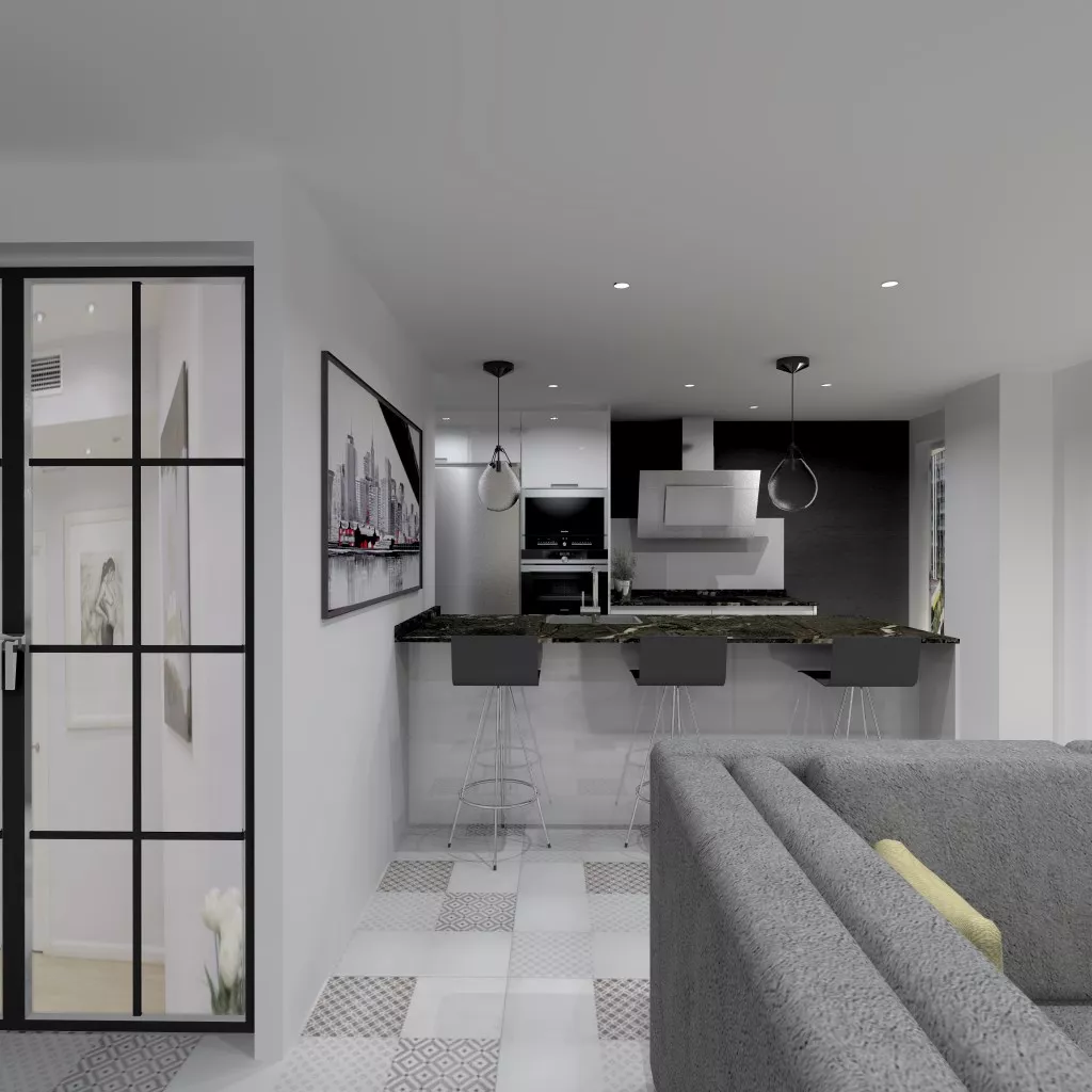 Aravaca | Cocina Santos | Modelo Minos Line Laminado Blanco Brillo | Encimera Granito Titanium