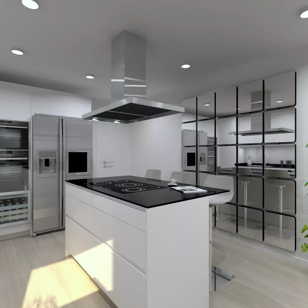 Cocina Santos | Modelo Line Laminado Seda Blanco | Encimera Granito Negro