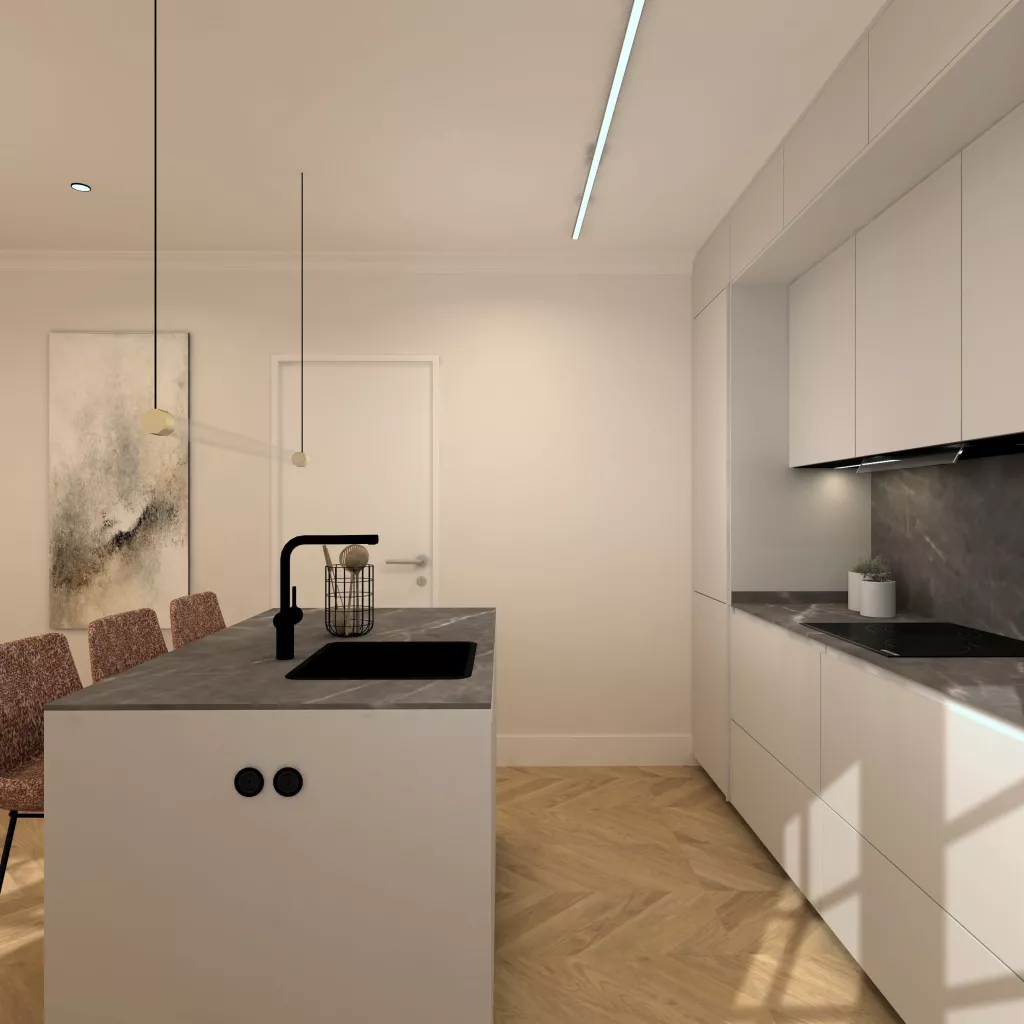 Cocina elegante en tonos neutros y con un diseño abierto