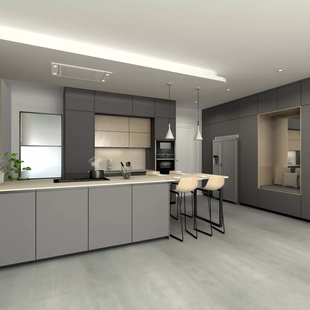 Cocina Santos Gris y Roble con Península y Encimera de Inalco