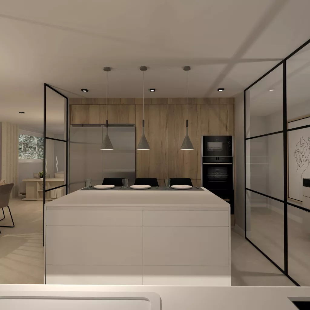 Cocina Santos Blanca y Roble con Isla y Encimera Corian