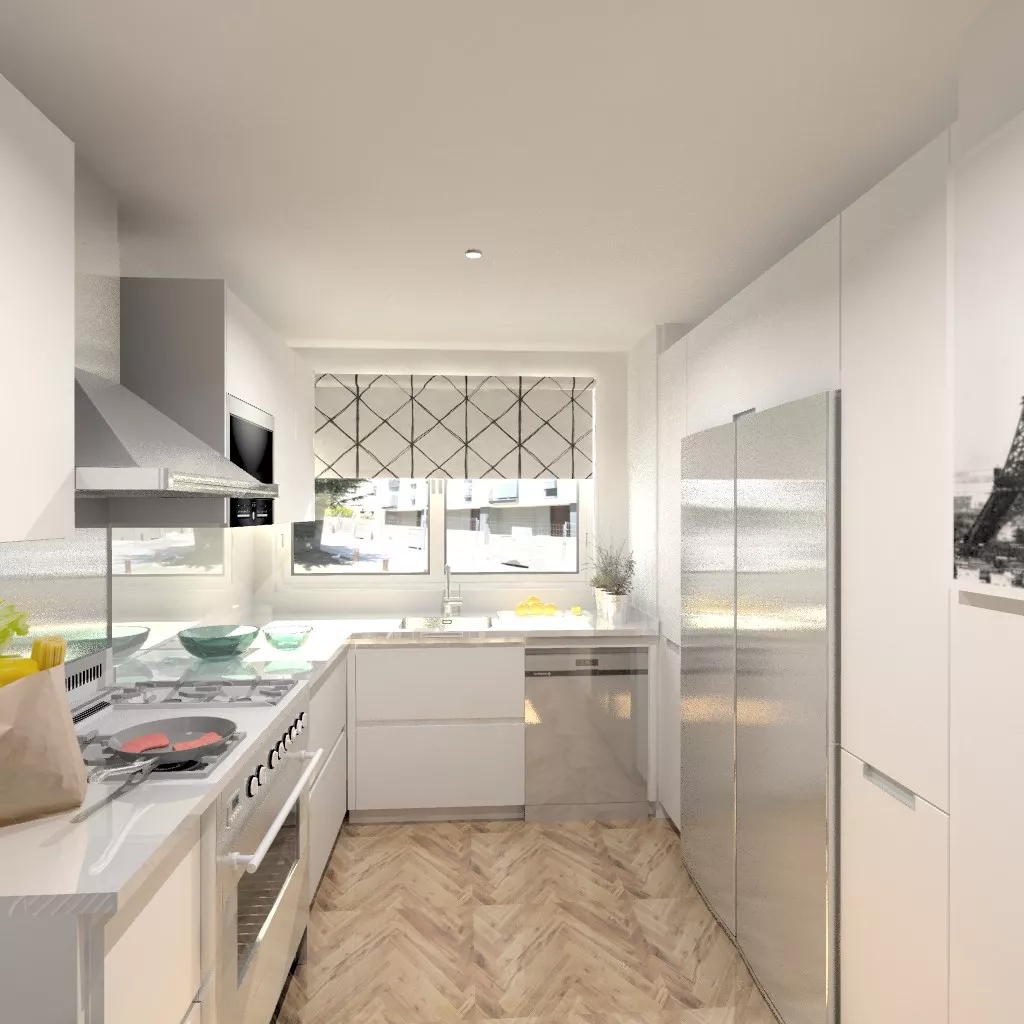 Aravaca | Cocina Santos | Modelo Line Laminado Seda Blanco | Encimera Compac Blanco