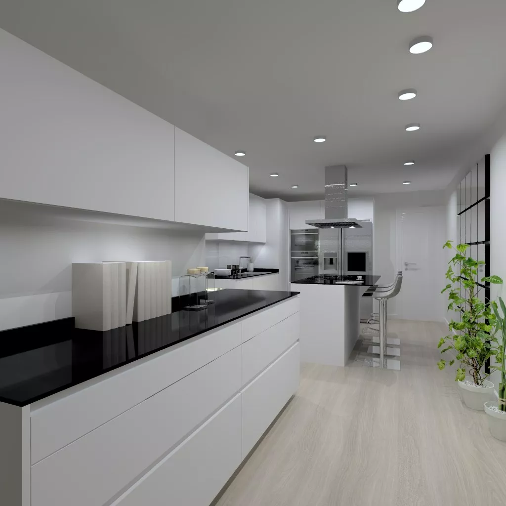 Cocina Santos | Modelo Line Laminado Seda Blanco | Encimera Granito Negro