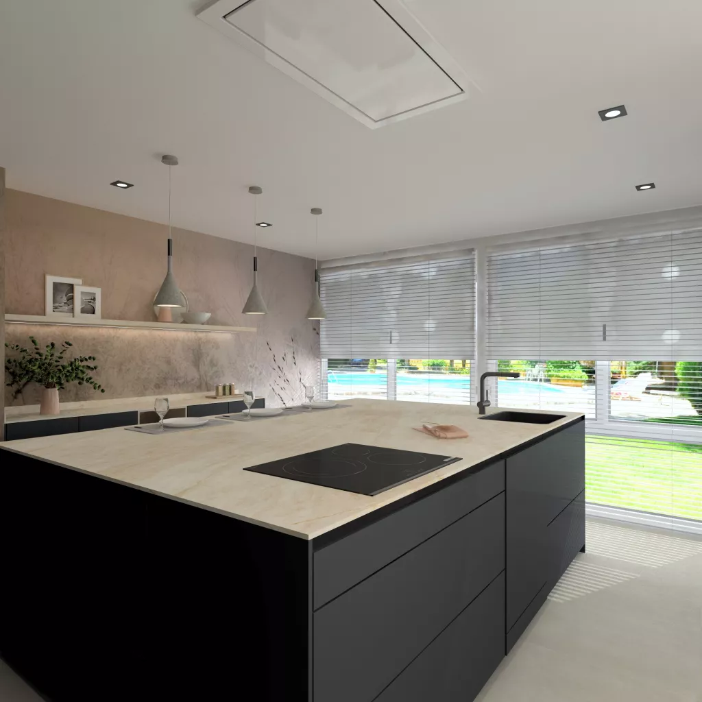 Cocina contemporánea con isla central y acabados oscuros