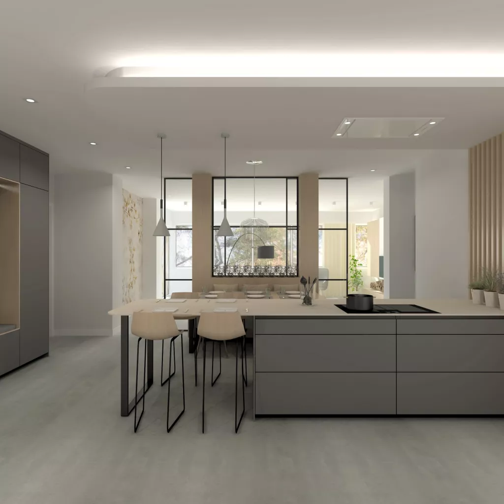 Cocina Santos Gris y Roble con Península y Encimera de Inalco