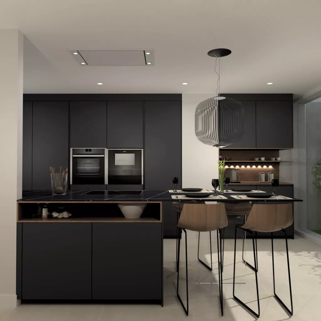 Cocina Santos Negra con Península Modelo Serie Fine