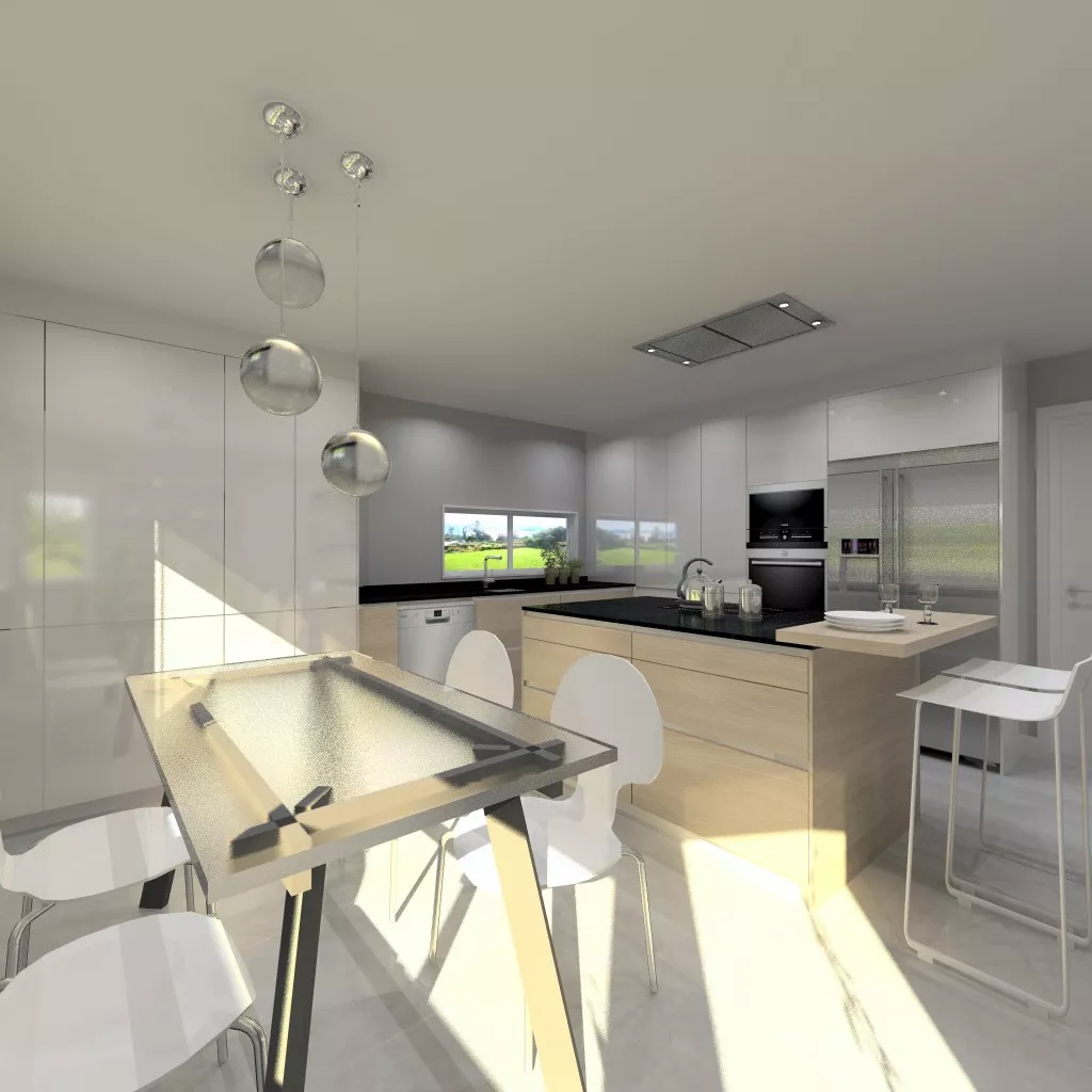 Cocina Santos | Modelo Line E13 Estratificado Brillo Laminado | Puertas Blanco Nata Brillo y Olmo Claro Horizontal para Muebles Bajos | Encimera Granito Sahara Night