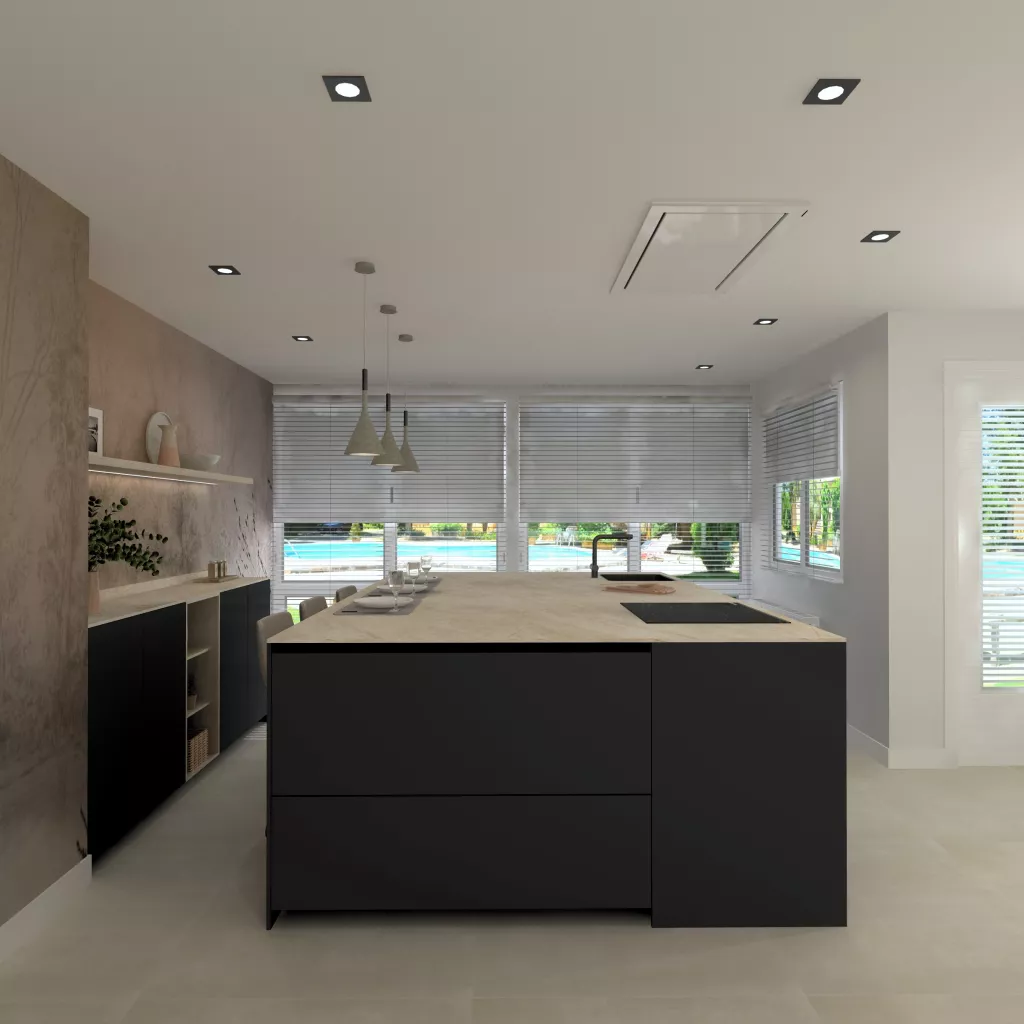 Cocina contemporánea con isla central y acabados oscuros