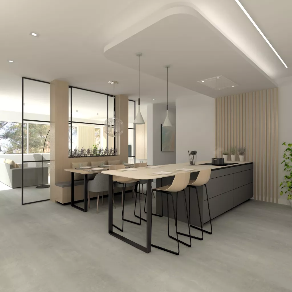 Cocina Santos Gris y Roble con Península y Encimera de Inalco