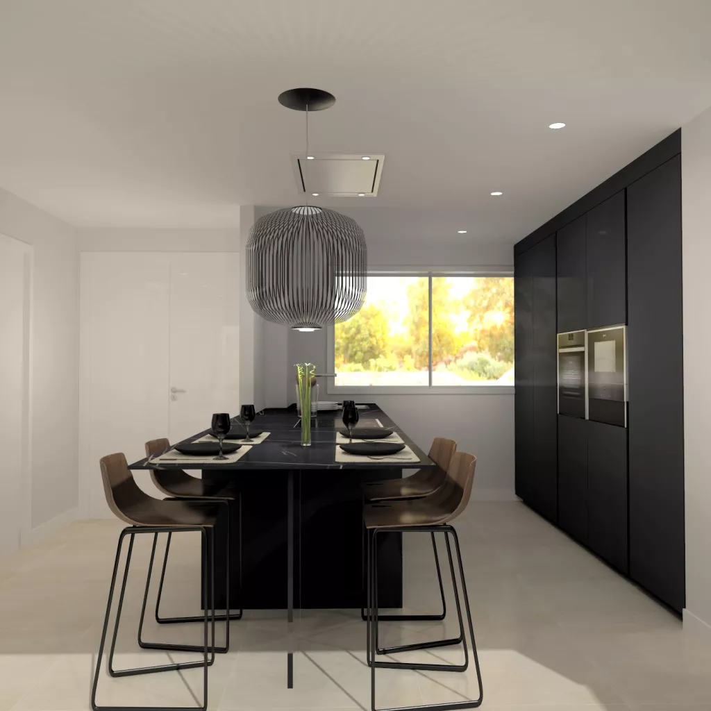 Cocina Santos Negra con Península Modelo Serie Fine