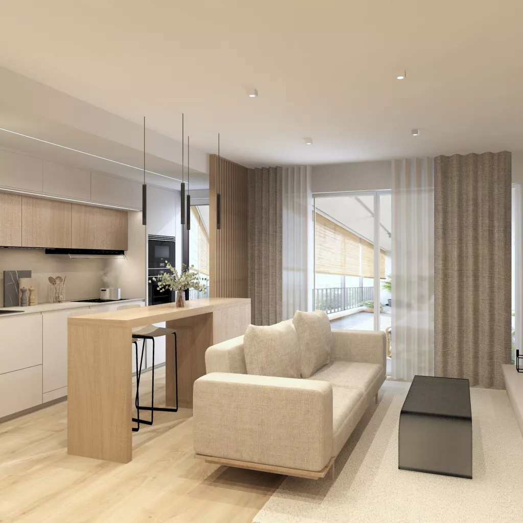 Cocina abierta con isla y salón-comedor integrado