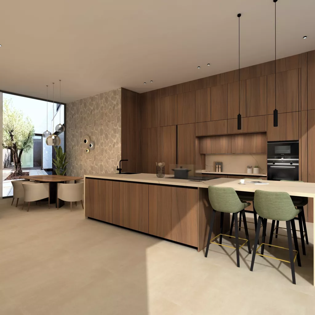 Cocina abierta con isla, diseñada para unir calidez, funcionalidad y continuidad visual