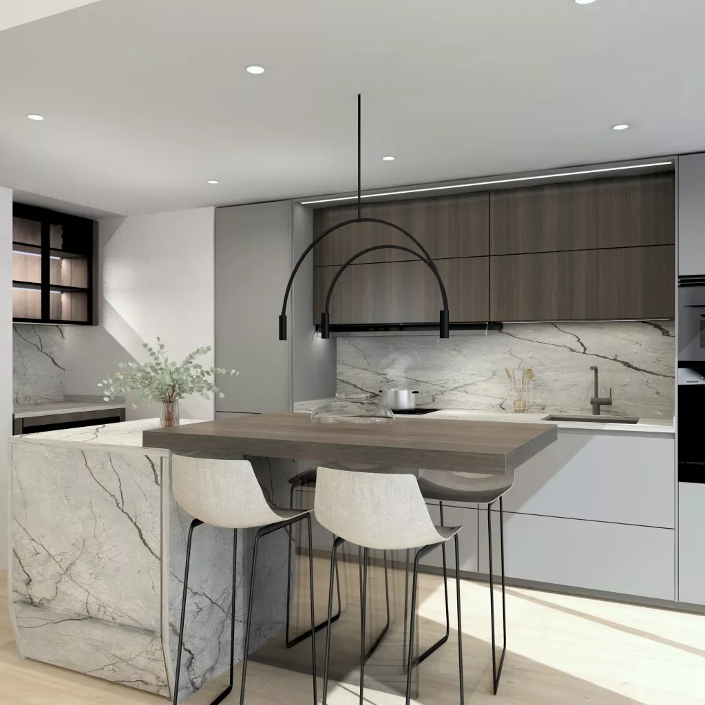 Cocina con isla escultórica, donde materiales y diseño se convierten en protagonistas del espacio