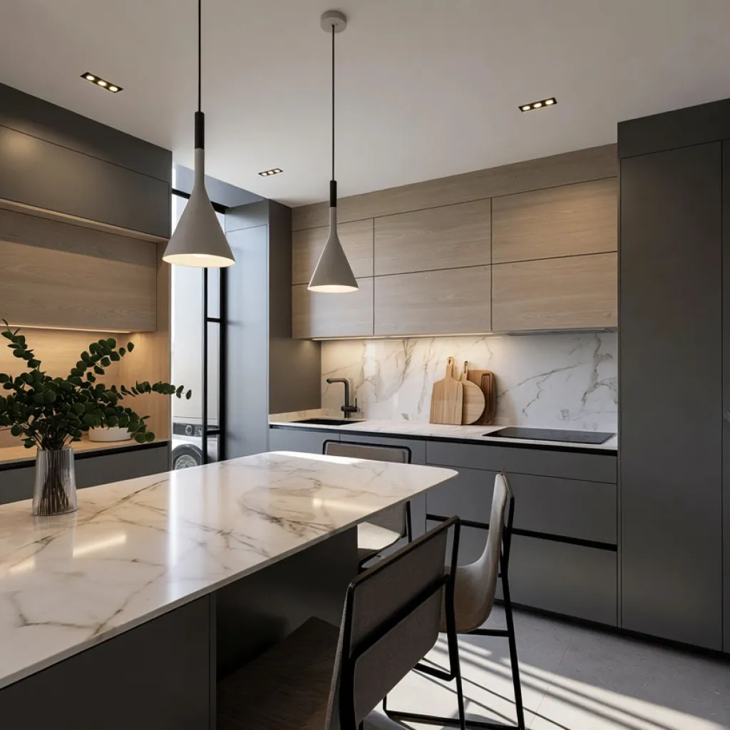 Cocina contemporánea en tonos neutros y madera con isla multifuncional