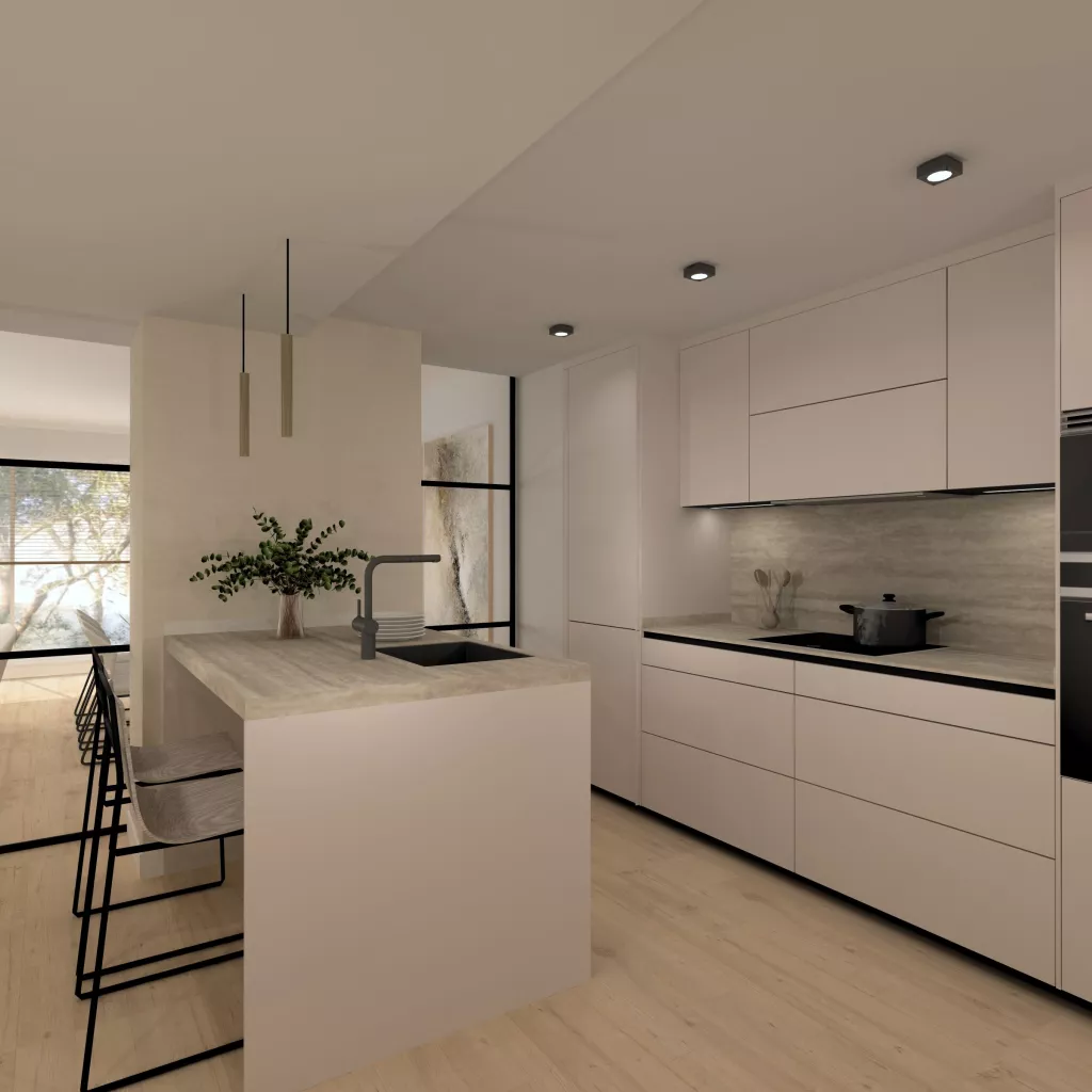 Cocina contemporánea con isla funcional y estética serena