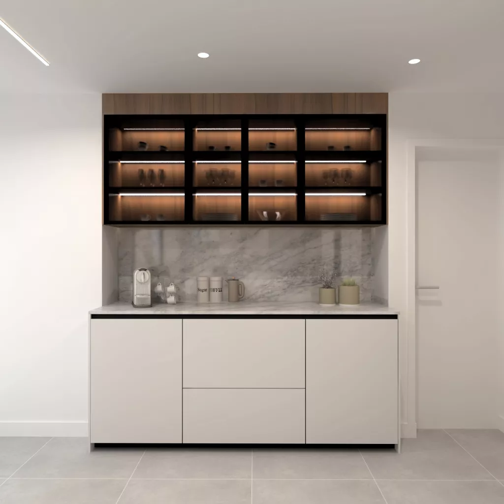 Cocina contemporánea con isla y equilibrio de materiales