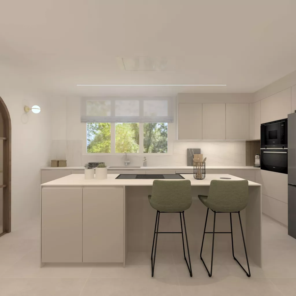 Cocina contemporánea con isla central y estética cálida y depurada