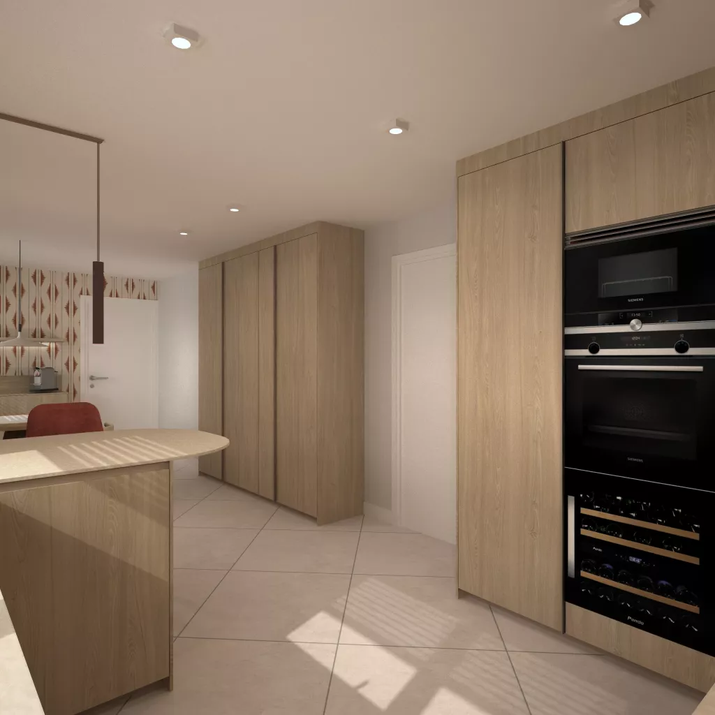 Cocina en madera natural con comedor integrado