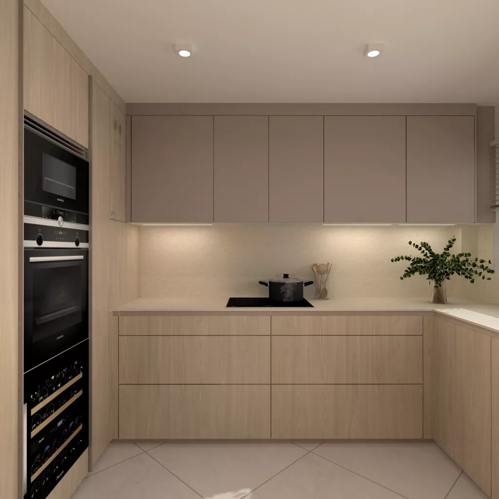 Cocina en madera natural con comedor integrado