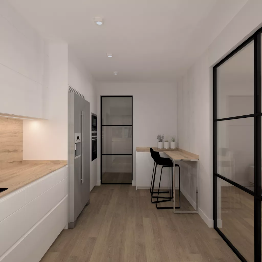 Cocina luminosa con barra integrada y cerramientos de hierro negro