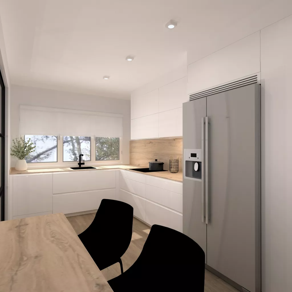 Cocina luminosa con barra integrada y cerramientos de hierro negro