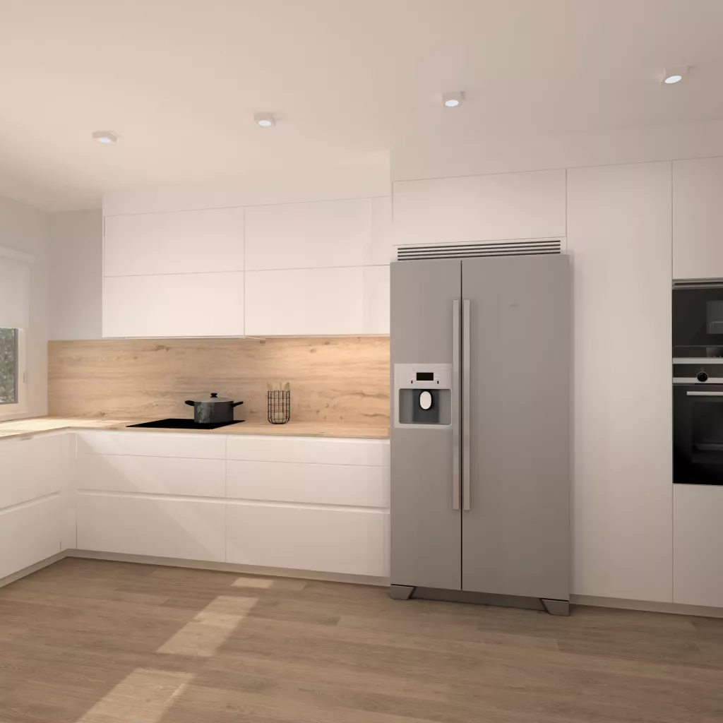 Cocina luminosa con barra integrada y cerramientos de hierro negro