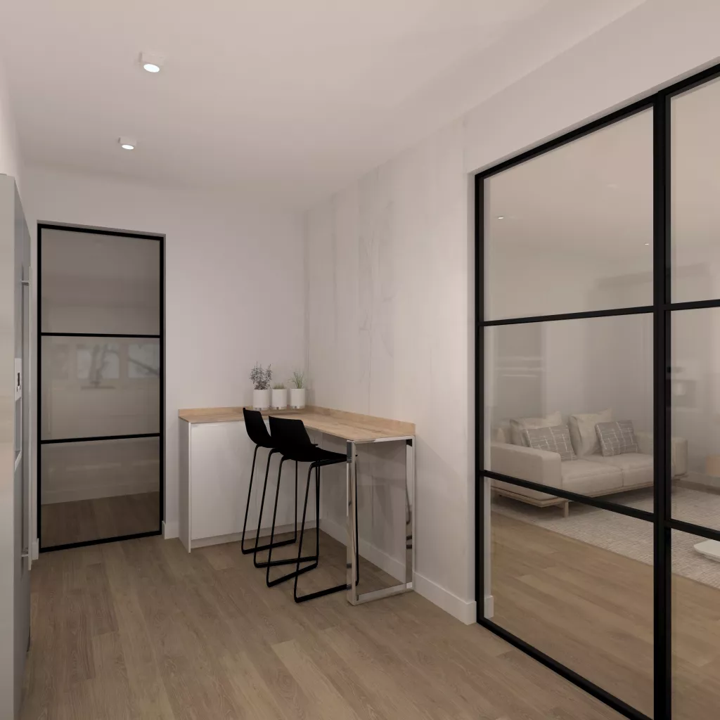 Cocina luminosa con barra integrada y cerramientos de hierro negro