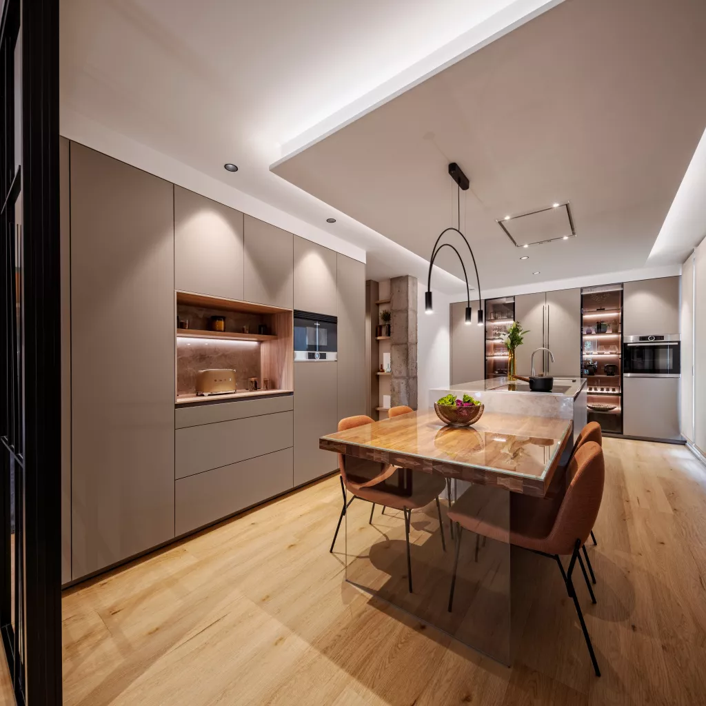 Cocina moderna con isla y vitrina en Pozuelo de Alarcón