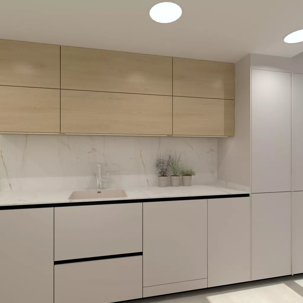 Cocina moderna en línea paralela con madera natural y mármol veteado