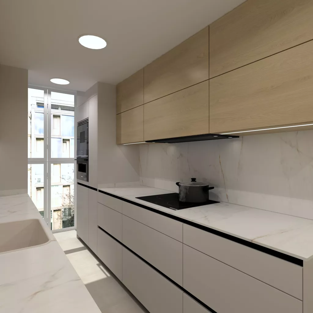 Cocina moderna en línea paralela con madera natural y mármol veteado