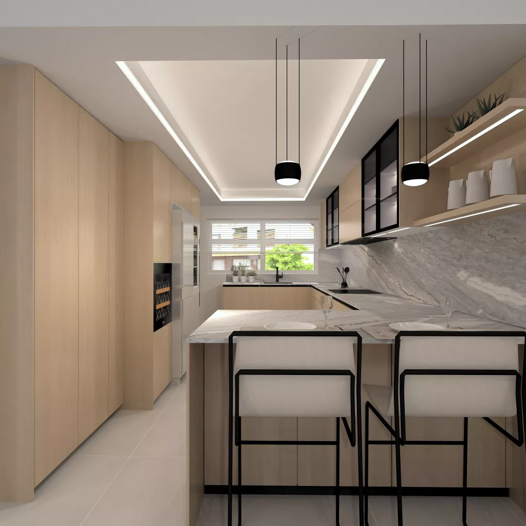 Una cocina contemporánea donde la calma y el diseño se equilibran