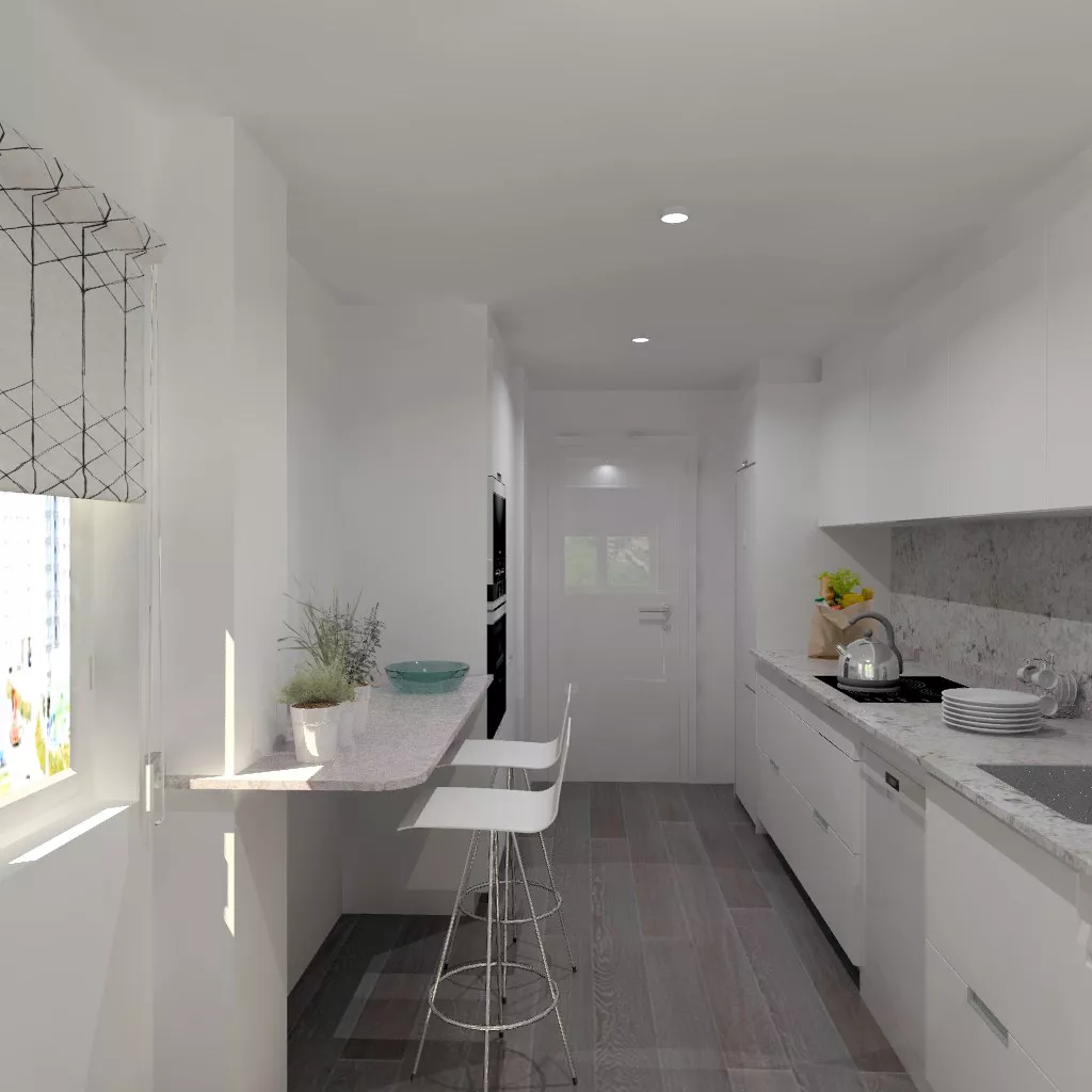 Aravaca | Cocina Santos | Modelo Minos Estratificado Blanco | Encimera Granito Naturamia Alaska