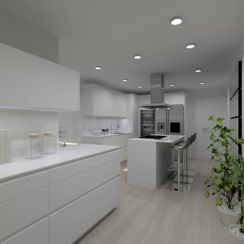 Cocina Santos | Modelo Line Laminado Seda Blanco | Encimera Granito Negro