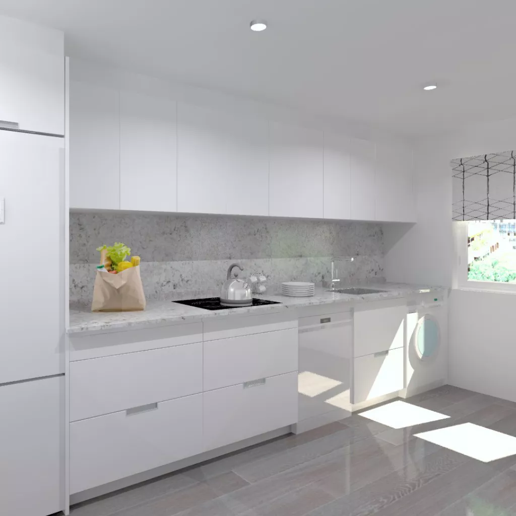 Aravaca | Cocina Santos | Modelo Minos Estratificado Blanco | Encimera Granito Naturamia Alaska