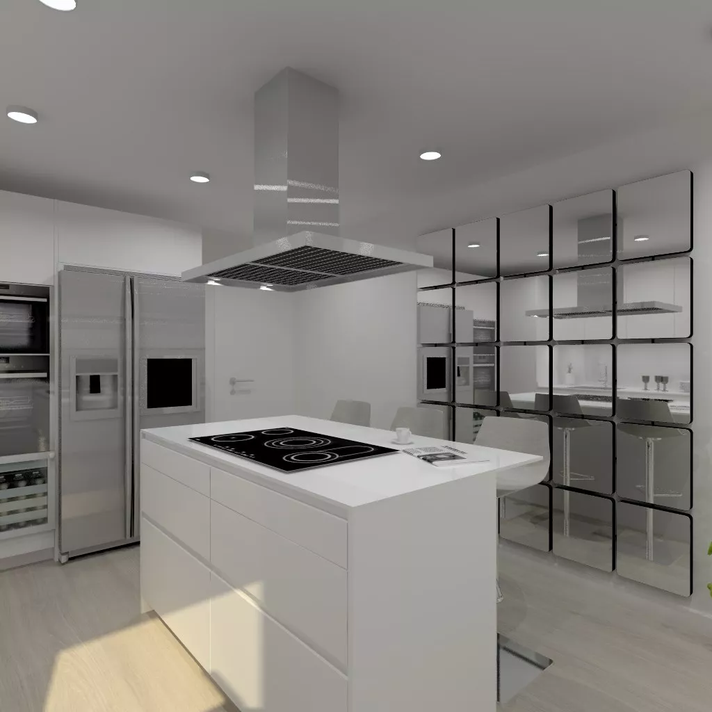 Cocina Santos | Modelo Line Laminado Seda Blanco | Encimera Granito Negro