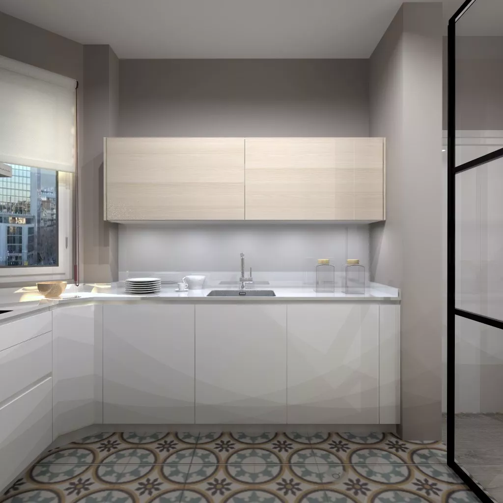 Aravaca | Cocina Santos | Modelo Line Estratificado Blanco y Fresno | Encimera Silestone Blanco