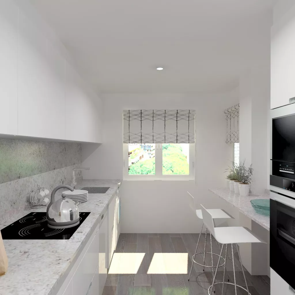 Aravaca | Cocina Santos | Modelo Minos Estratificado Blanco | Encimera Granito Naturamia Alaska