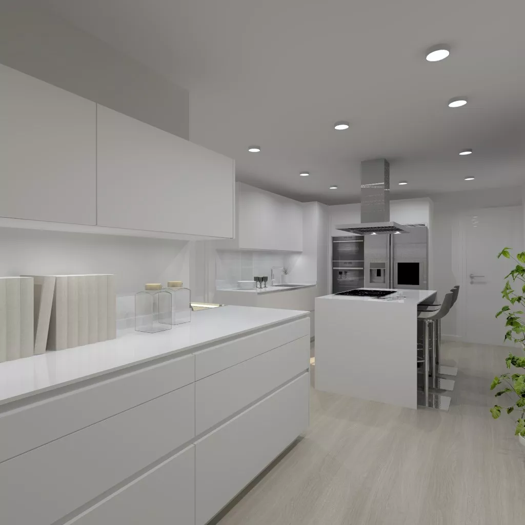 Cocina Santos | Modelo Line Laminado Seda Blanco | Encimera Granito Negro