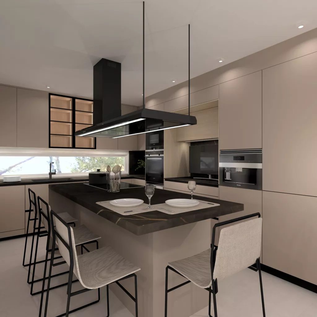 Cocina moderna en tonos arena con isla central